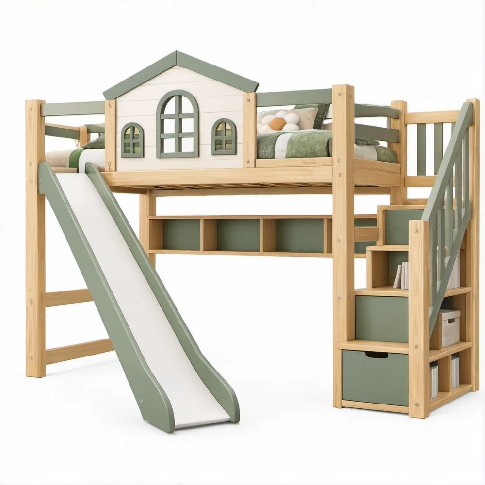 Cama Alta Infantil 90 x 200 cm com Escorrega, Escadas e Arrumação em Verde-sálvia, Branco e Natural