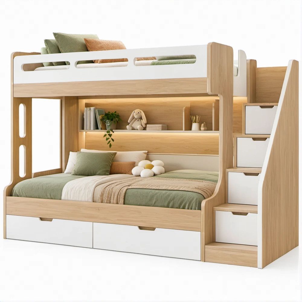 Beliche Infantil Branco e Carvalho-Claro para Colchões 90 x 190 cm com Escada, Gavetas e Prateleira