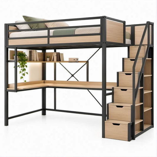 Cama Alta Juvenil com Secretária, Escada com Arrumação e Prateleiras, Preto e Carvalho Claro, 198 x 145 x 180 cm