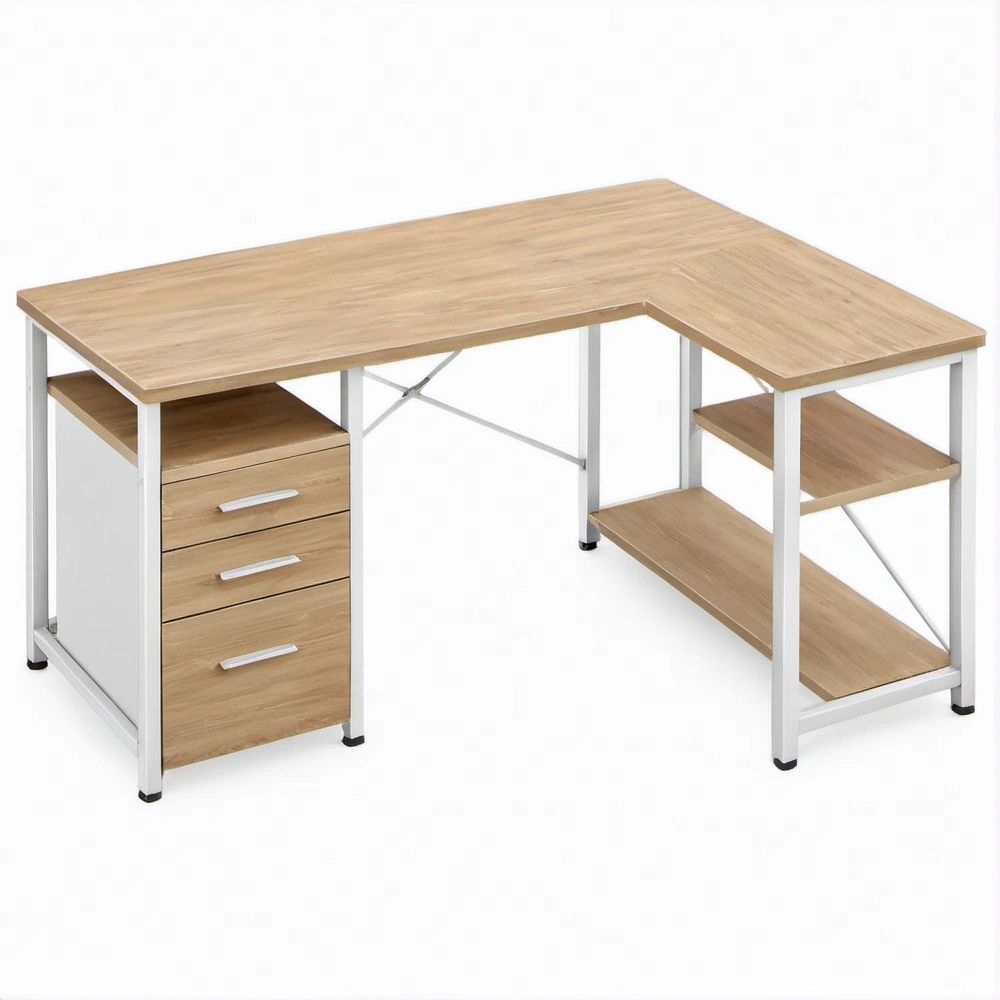 Secretária em L Carvalho-claro e Branco com Gaveteiro e Prateleiras 150 x 120 x 75 cm