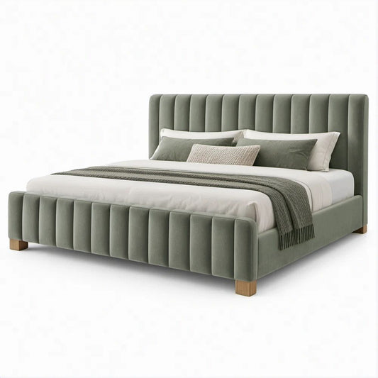 Cama de Casal Estofada em Veludo Verde-Sálvia 160 x 200 cm