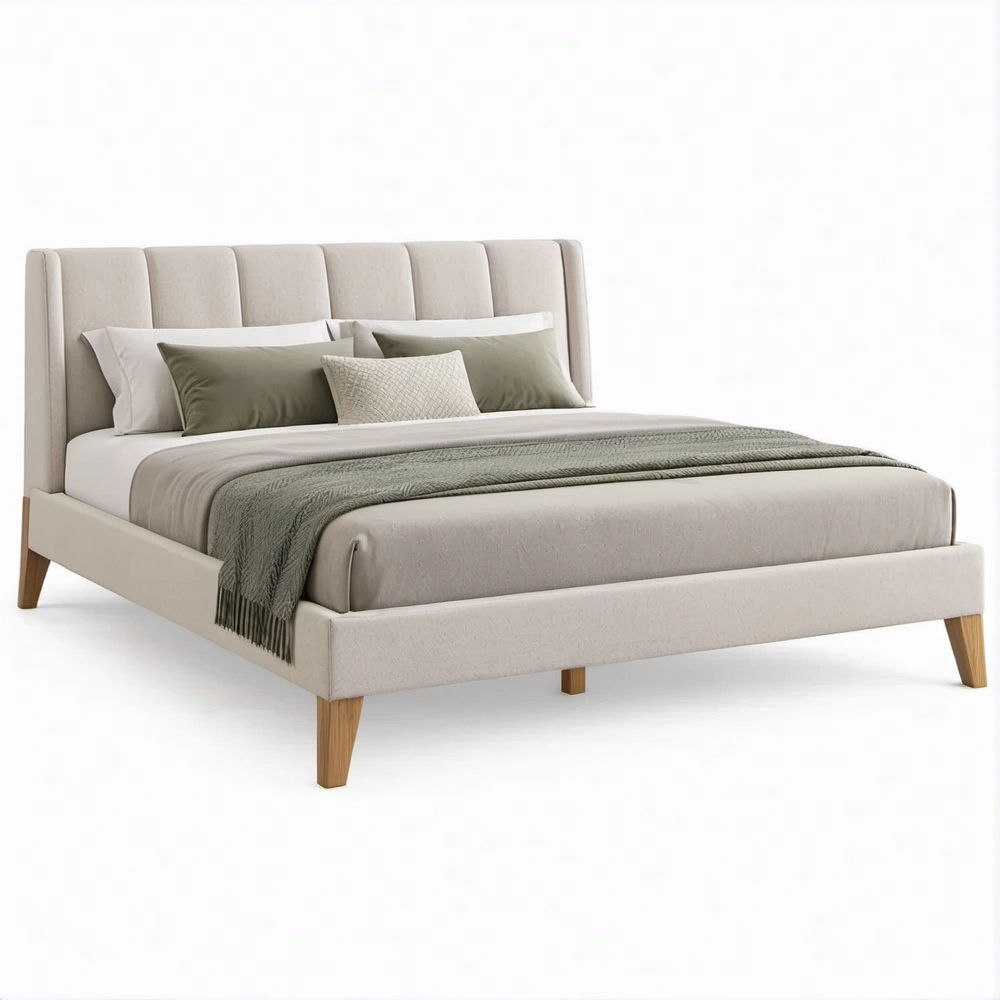 Cama de Casal Estofada Bege em Poliéster para Colchão 160 x 200 cm