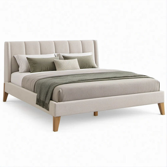 Cama de Casal Estofada Bege em Poliéster para Colchão 160 x 200 cm