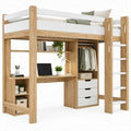 Cama Alta Infantil em Carvalho e Branco 204 x 105 x 180 cm com Secretária, Roupeiro e Escada