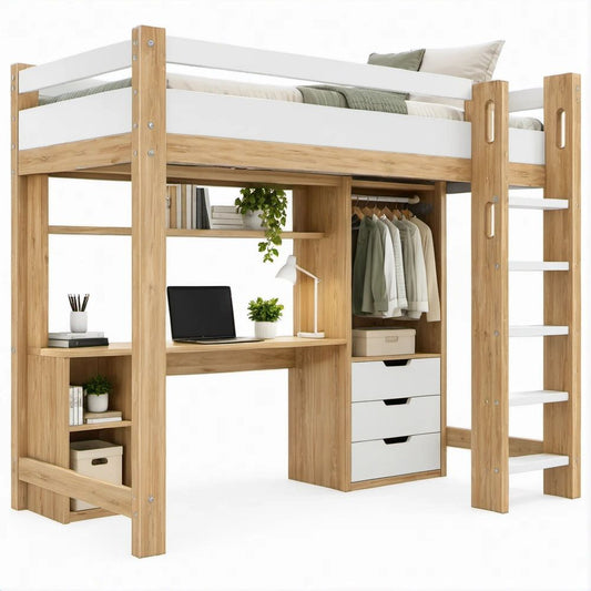 Cama Alta Infantil em Carvalho e Branco 204 x 105 x 180 cm com Secretária, Roupeiro e Escada