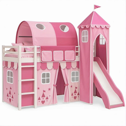 Cama Alta Infantil com Escorrega e Torre em Pinho, Rosa e Branco, 198 x 217 x 220 cm