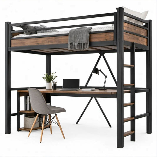Cama Alta Individual em Aço e MDF Preto e Castanho 198 x 104 x 180 cm com Secretária e Estante