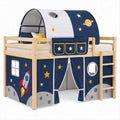 Cama Alta Infantil em Pinho com Tenda Espacial Azul-Marinho e Branca 198 x 96 x 183 cm