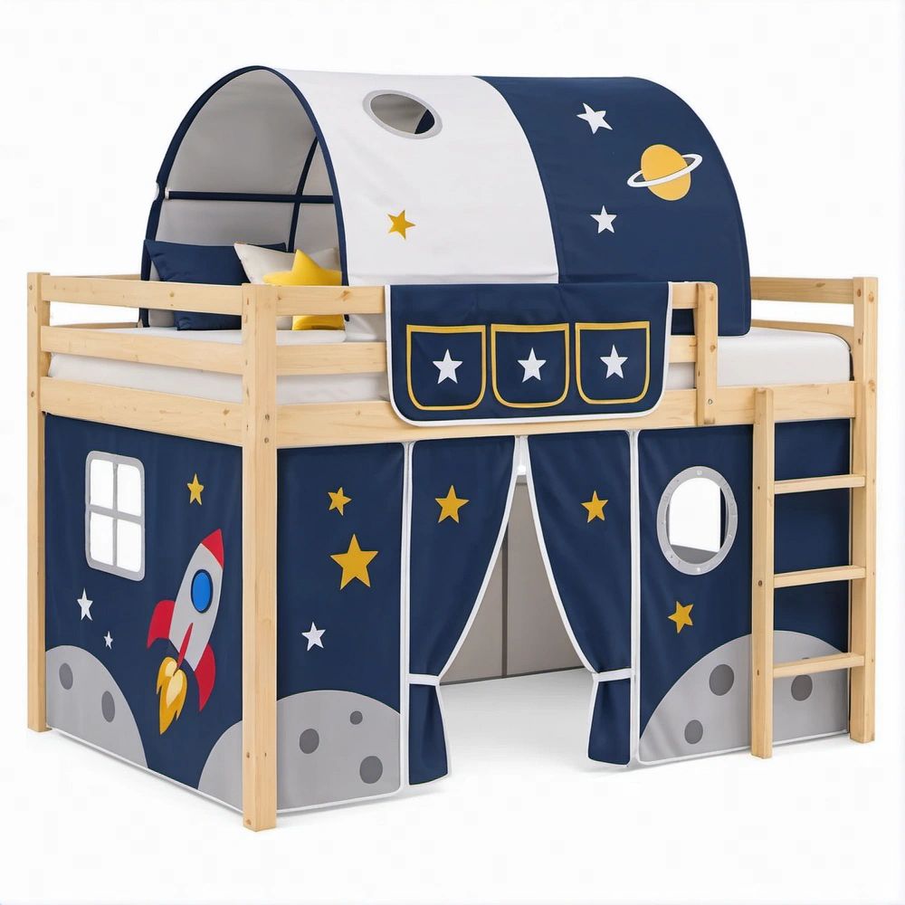 Cama Alta Infantil em Pinho com Tenda Espacial Azul-Marinho e Branca 198 x 96 x 183 cm