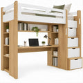 Cama Alta Infantil 90 x 200 cm com Secretária, Escada com Arrumação e Prateleiras, Branco e Carvalho Natural