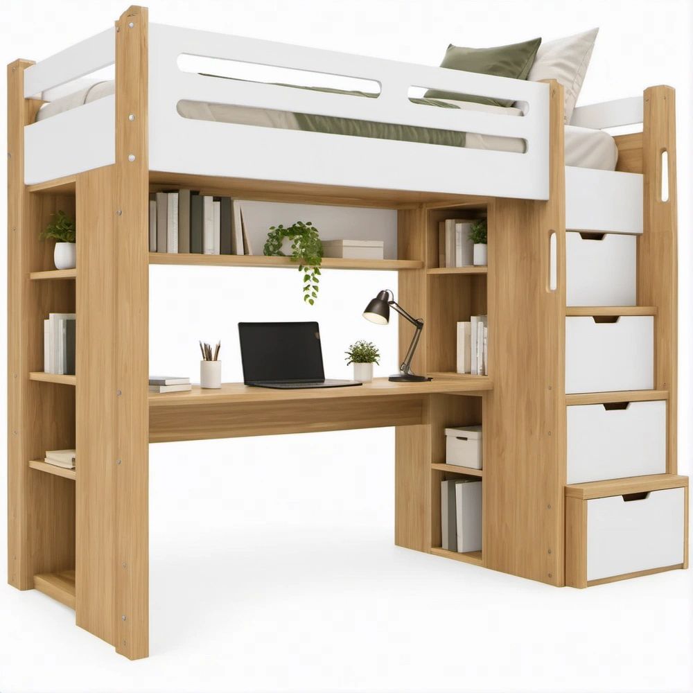 Cama Alta Infantil 90 x 200 cm com Secretária, Escada com Arrumação e Prateleiras, Branco e Carvalho Natural