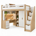 Cama Alta Infantil com Secretária, Roupeiro e Arrumação 205 x 100 x 180 cm Branco e Carvalho Claro