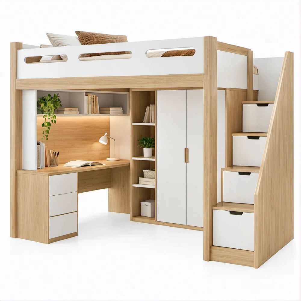 Cama Alta Infantil com Secretária, Roupeiro e Arrumação 205 x 100 x 180 cm Branco e Carvalho Claro