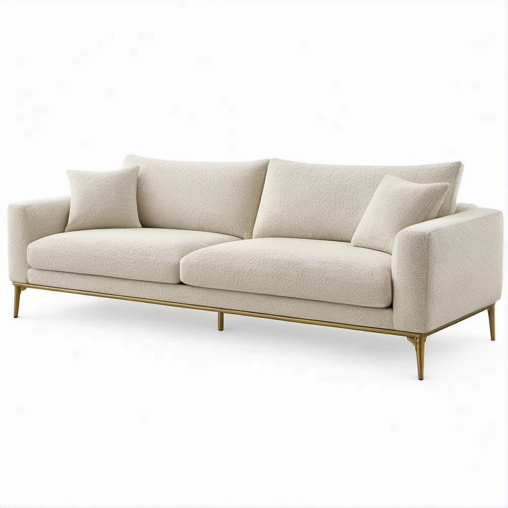Sofá reto de 3 lugares em bouclé bege e dourado 220 x 90 x 85 cm