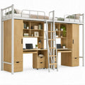 Conjunto de 2 Camas Elevadas com Secretárias, Roupeiros e Escada, Branco e Carvalho Natural, 410 x 105 x 190 cm