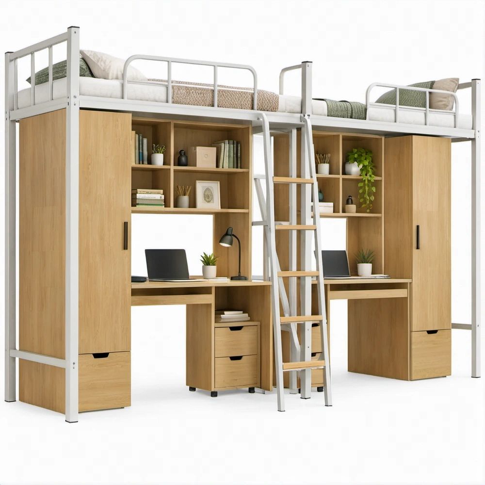 Conjunto de 2 Camas Elevadas com Secretárias, Roupeiros e Escada, Branco e Carvalho Natural, 410 x 105 x 190 cm