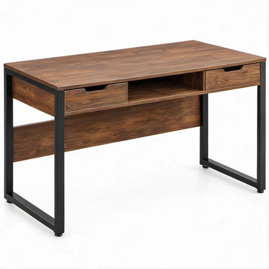 Secretária Retangular Castanho Nogueira e Preto com 2 Gavetas, Nicho Central, 120 x 60 x 75 cm