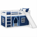 Cama elevada infantil em pinho maciço 90 x 200 cm com escorrega e cortinas Branco/Azul-marinho/Azul-claro