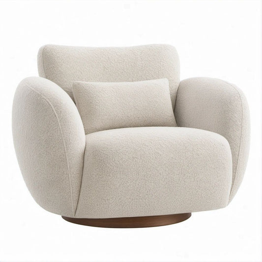 Poltrona Giratória Redonda em Bouclé Bege com Base Castanho-Escuro, 92 x 88 x 78 cm