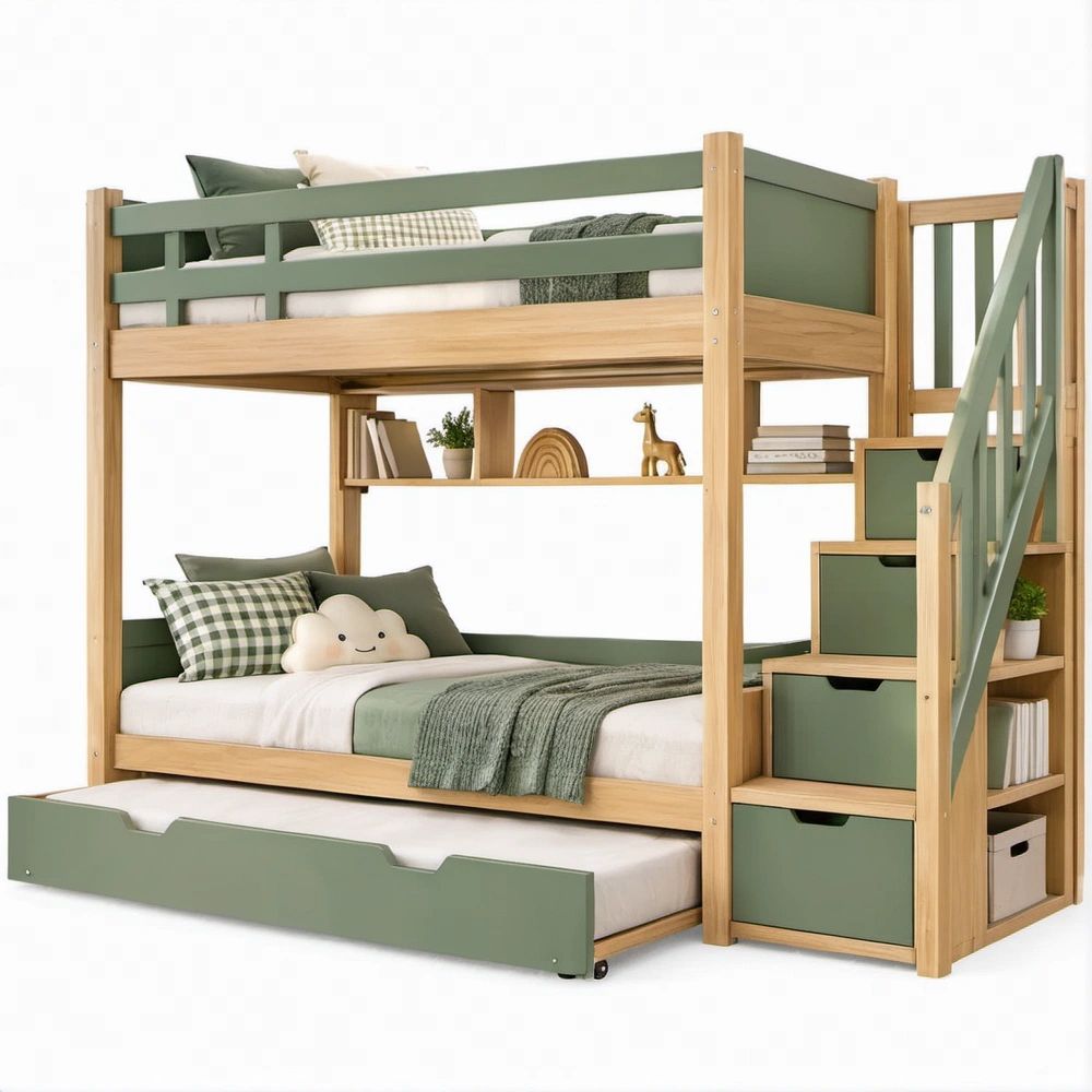 Estrutura tripla com cama deslizante, escada lateral e arrumação em Verde-sálvia e Pinho Natural, para colchões 90 x 200 cm