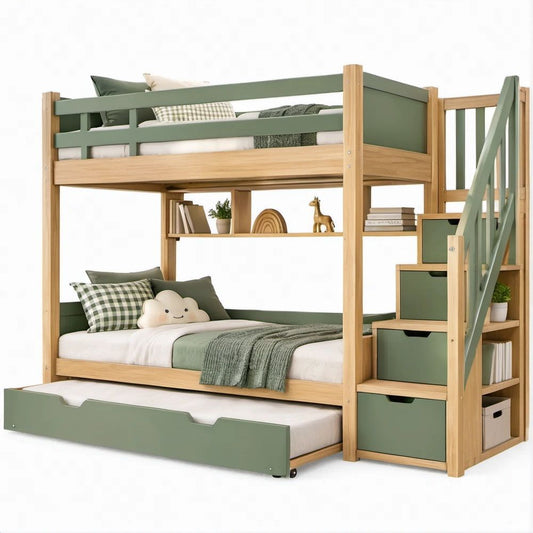 Estrutura tripla com cama deslizante, escada lateral e arrumação em Verde-sálvia e Pinho Natural, para colchões 90 x 200 cm