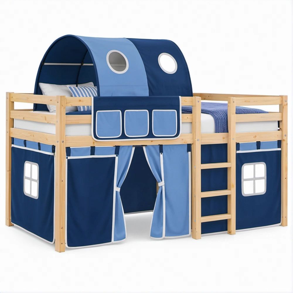 Cama Infantil Elevada em Pinho Maciço Azul-Escuro e Azul-Claro 90 x 200 cm