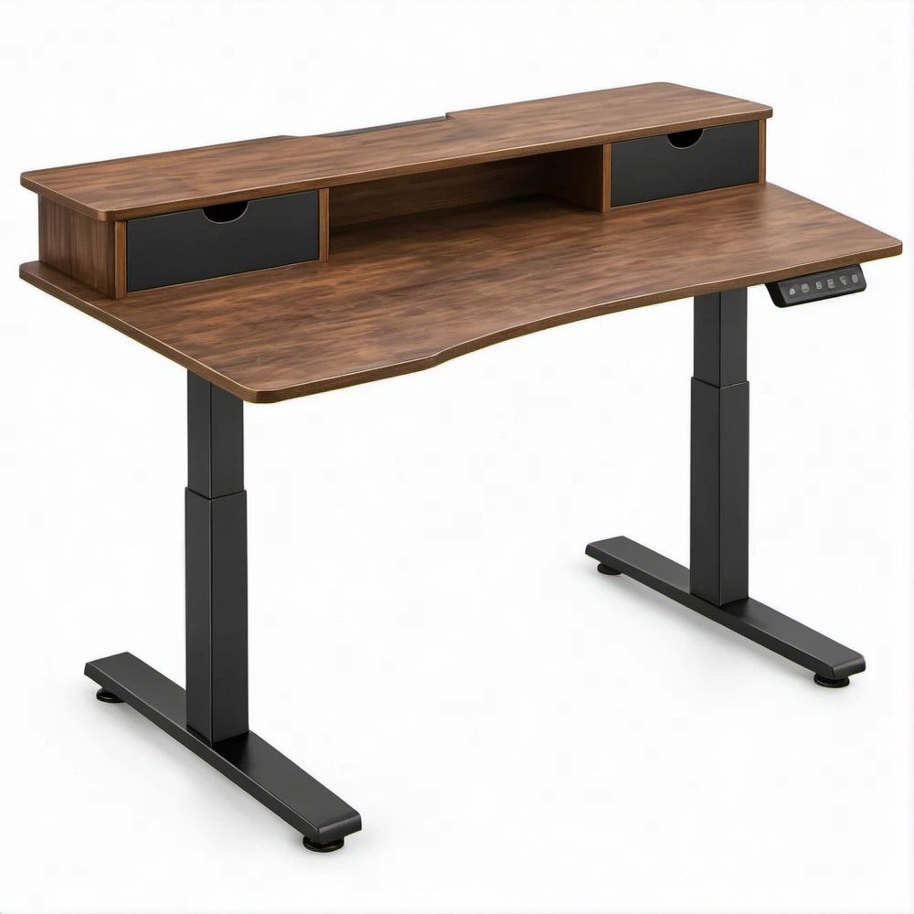 Secretária Elétrica de Altura Regulável em Castanho Nogueira e Preto, 120 x 60 x 72-118 cm