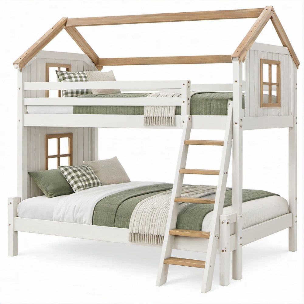 Beliche Infantil em Forma de Casa Branco e Natural para Colchões 90 x 200 cm