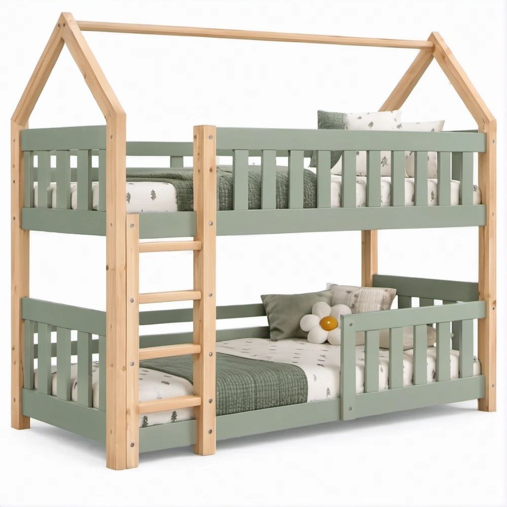 Beliche Infantil em Forma de Casa Verde e Pinho Maciço 90 x 200 cm