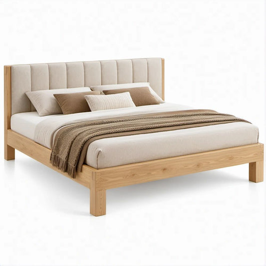 Cama de Casal 160 x 200 cm com Cabeceira Estofada Bege e Estrutura em Madeira Natural