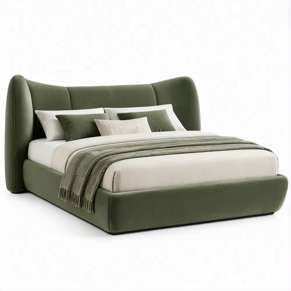 Cama de Casal Estofada em Veludo Verde-oliva para Colchão 160 x 200 cm