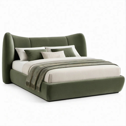 Cama de Casal Estofada em Veludo Verde-oliva para Colchão 160 x 200 cm