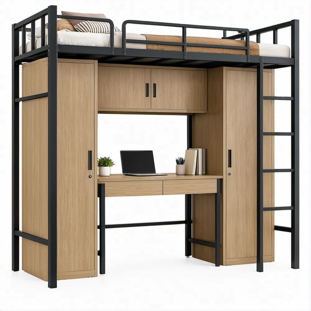 Cama Alta Infantil 90 x 200 cm com Secretária, Roupeiros e Escada em Preto e Carvalho Natural