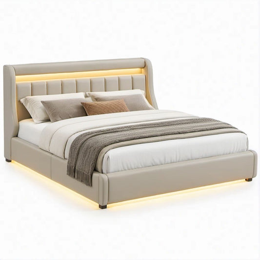 Cama de Casal Estofada Bege em Pele Sintética PU com Iluminação LED, para Colchão 160 x 200 cm