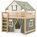 Cama elevada infantil em forma de casa em pinho natural, verde-sálvia e branco, 90 x 200 cm