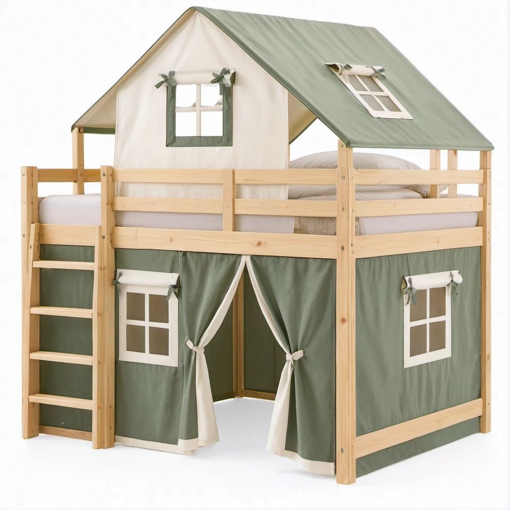 Cama elevada infantil em forma de casa em pinho natural, verde-sálvia e branco, 90 x 200 cm
